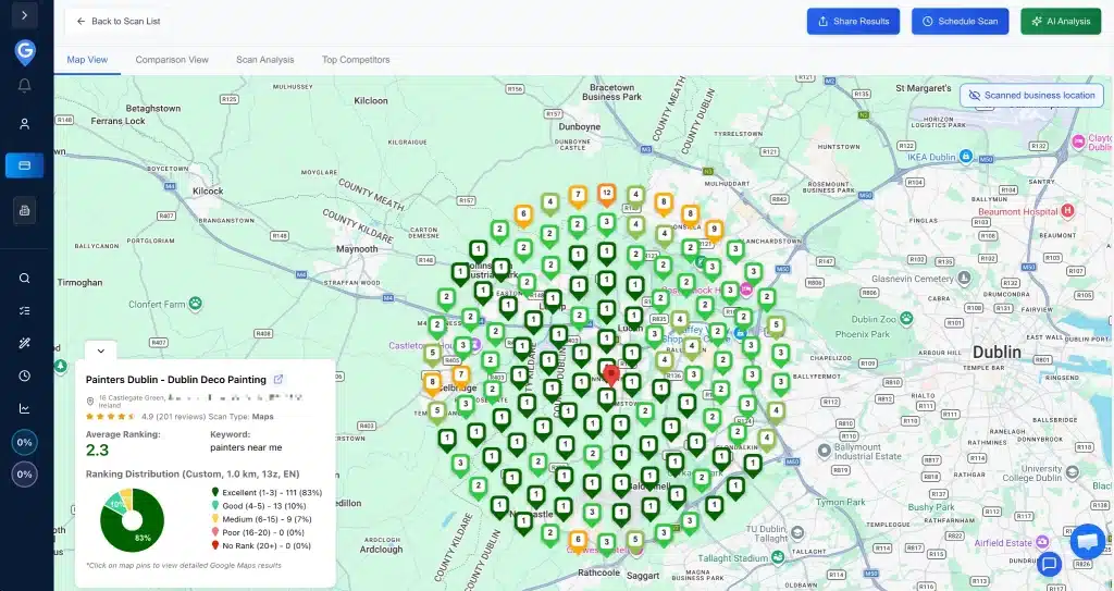How to Check Google Maps Ranking (The Right Way) 4 GTrack Google Maps rank tracking scan showing heat map with color-coded ranking pins across Dublin for the keyword painters near me