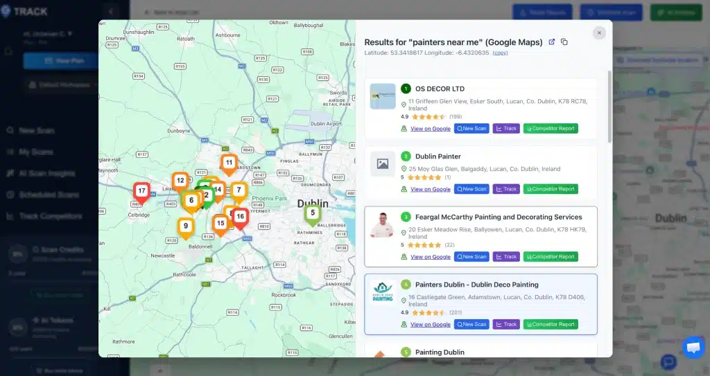 How to Check Google Maps Ranking (The Right Way) 6 GTrack popup showing Google Maps search results at a specific grid point, listing competitors ranked 1 through 5 for the keyword painters near me