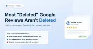 Concept image asking whether deleted Google reviews are gone forever, with a review card owned by a reviewer account