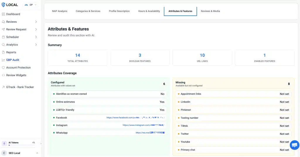 Google Business Profile Audit: The 6 Sections to Fix First 6 Google Business Profile attributes and features audit showing configured and missing business attributes, social links, and profile features