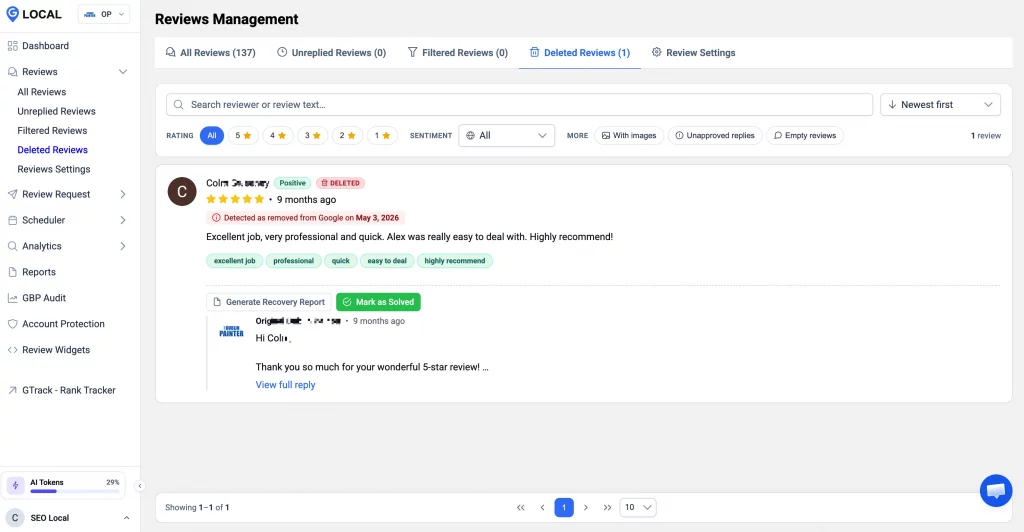 Filtered Google reviews tracked in GLocal Deleted Reviews tab with removal date