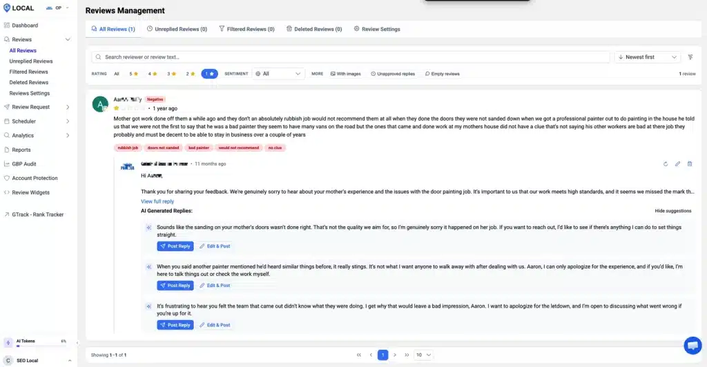 How to Respond to Negative Google Reviews: Templates and Examples 2 Review management dashboard showing how to respond to negative Google reviews with AI-generated reply suggestions