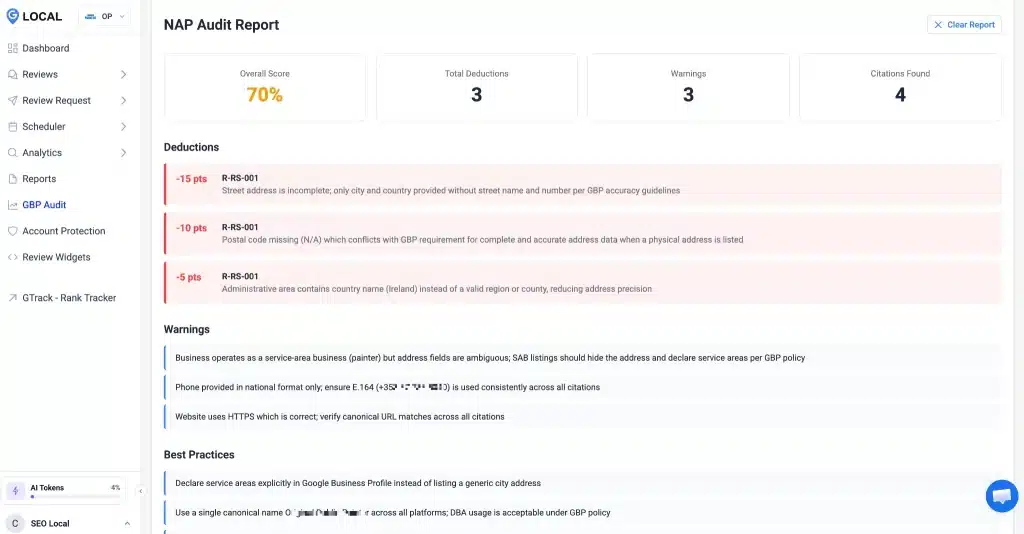 Google Business Profile Audit: The 6 Sections to Fix First 3 Google Business Profile Audit report showing NAP score, deductions, warnings, citations, and best practices