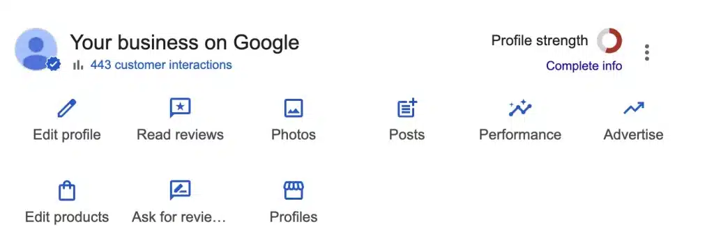 Google Business Profile Audit: The 6 Sections to Fix First 2 Google Business Profile dashboard showing profile strength, customer interactions, reviews, photos, posts, performance, and profile editing options.