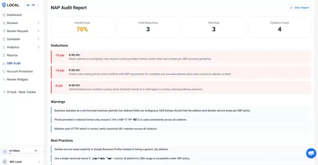 Google Business Profile Audit: The 6 Sections to Fix First 5 Google Business Profile hours and availability audit dashboard showing the overall score, deductions, warnings, citations, and best practices