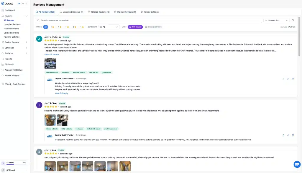 Google Business Profile Audit: The 6 Sections to Fix First 8 Google review management dashboard displaying customer reviews, ratings, images, sentiment tags, and business responses.