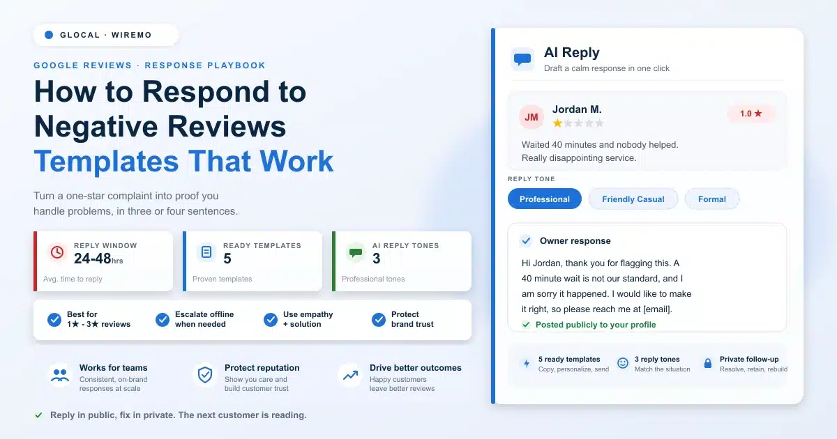 How to respond to negative Google reviews: GLocal AI Reply drafting an owner response to a one-star review