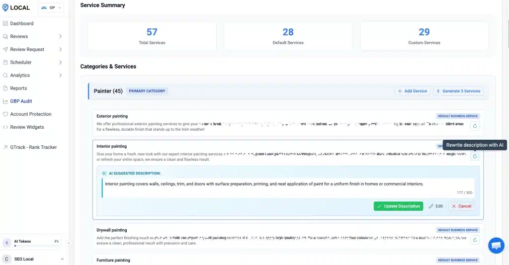 Google Business Profile Audit: The 6 Sections to Fix First 4 Google Business Profile service dashboard showing an AI tool used to rewrite and improve a profile service description