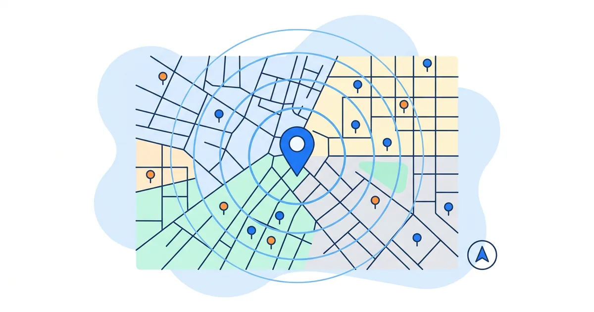 City map divided into postal zones with concentric rings around a central location pin and a grid of ranking pins, illustrating geo location rank tracking