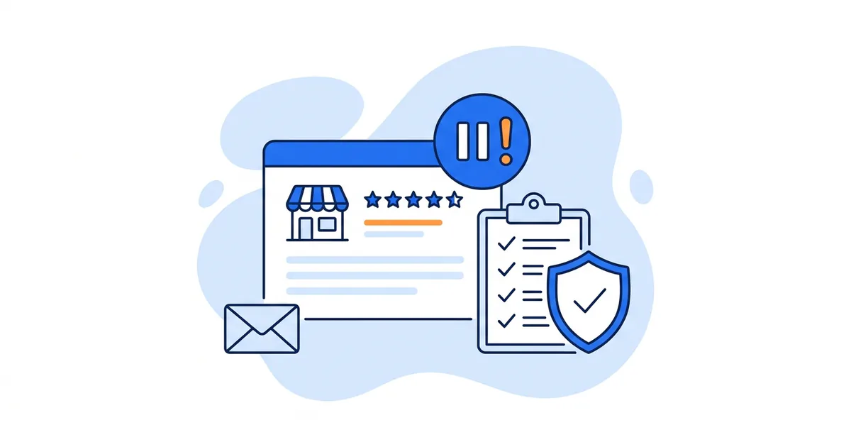 Business Profile card with a pause warning badge beside a checklist and a shield with a checkmark, illustrating a suspended Google Business Profile being reinstated