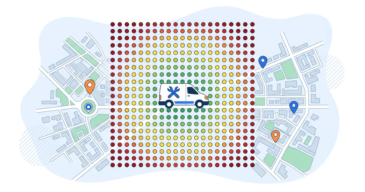 Geo-grid heatmap of a service area business's Google Maps rankings, strong near the hidden home address and fading toward the outer towns