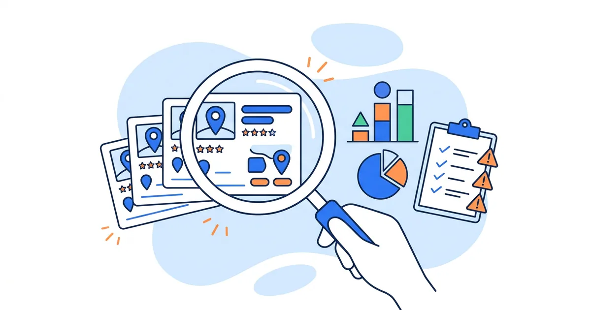 Magnifying glass over Google Business Profile cards next to charts and a checklist with warning flags